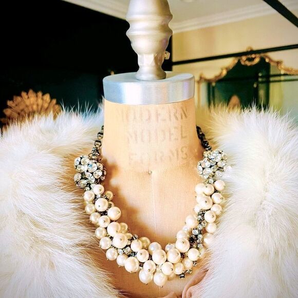 ♥️ Bib Necklace CZ Rhinestone Pearl, formal coquette PRICE FIRM, - Picture 6 of 12